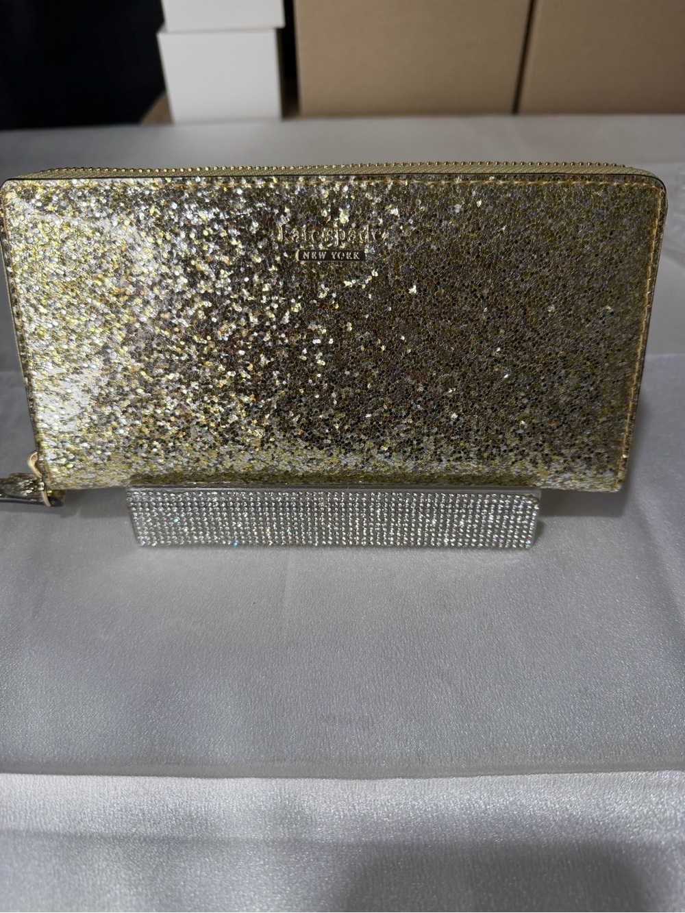 Kate Spade gold glitter clear coat long wallet brand new with story line